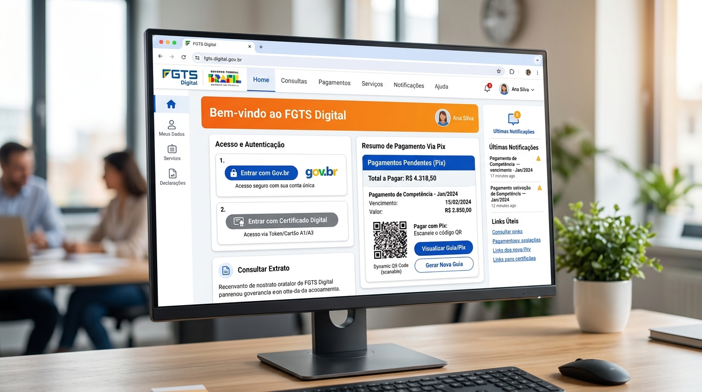 Painel oficial do FGTS Digital com tela de autenticação Gov.br e emissão de guias Pix