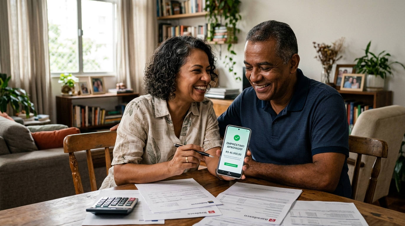 Casal de aposentados brasileiros analisando documentos e comemorando aprovação de refinanciamento consignado no celular