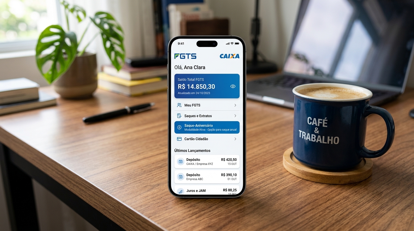 Tela do aplicativo FGTS no celular com opções de login e autenticação Caixa